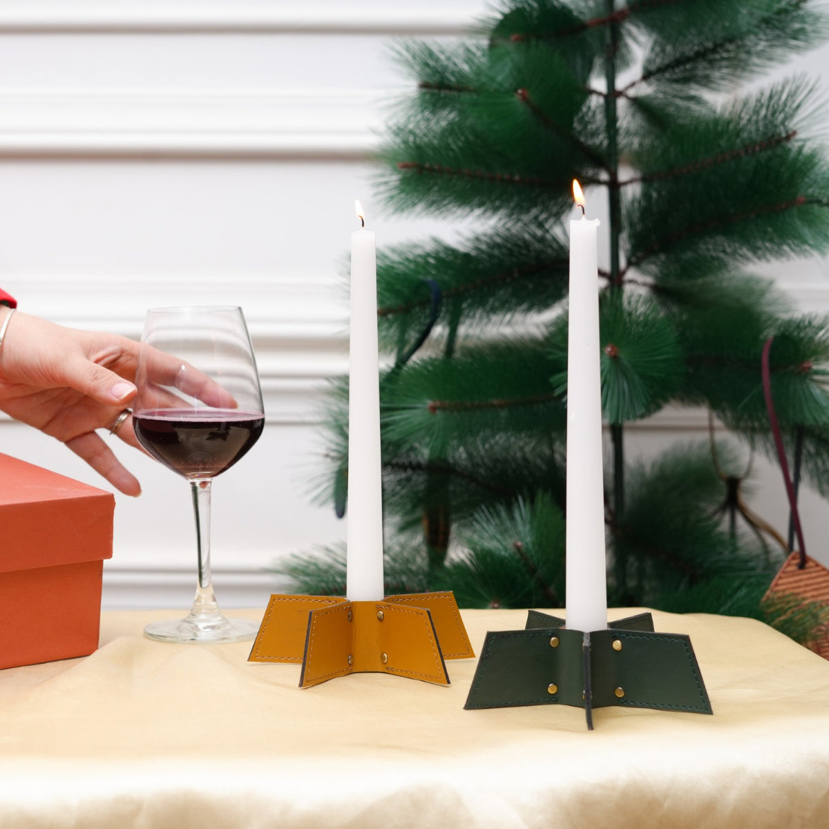 Vegan Leather Festive Decor Handcrafted Christmas Candleholder (Green)