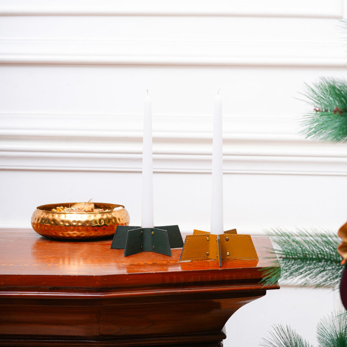 Vegan Leather Festive Decor Handcrafted Christmas Candleholder (Green)