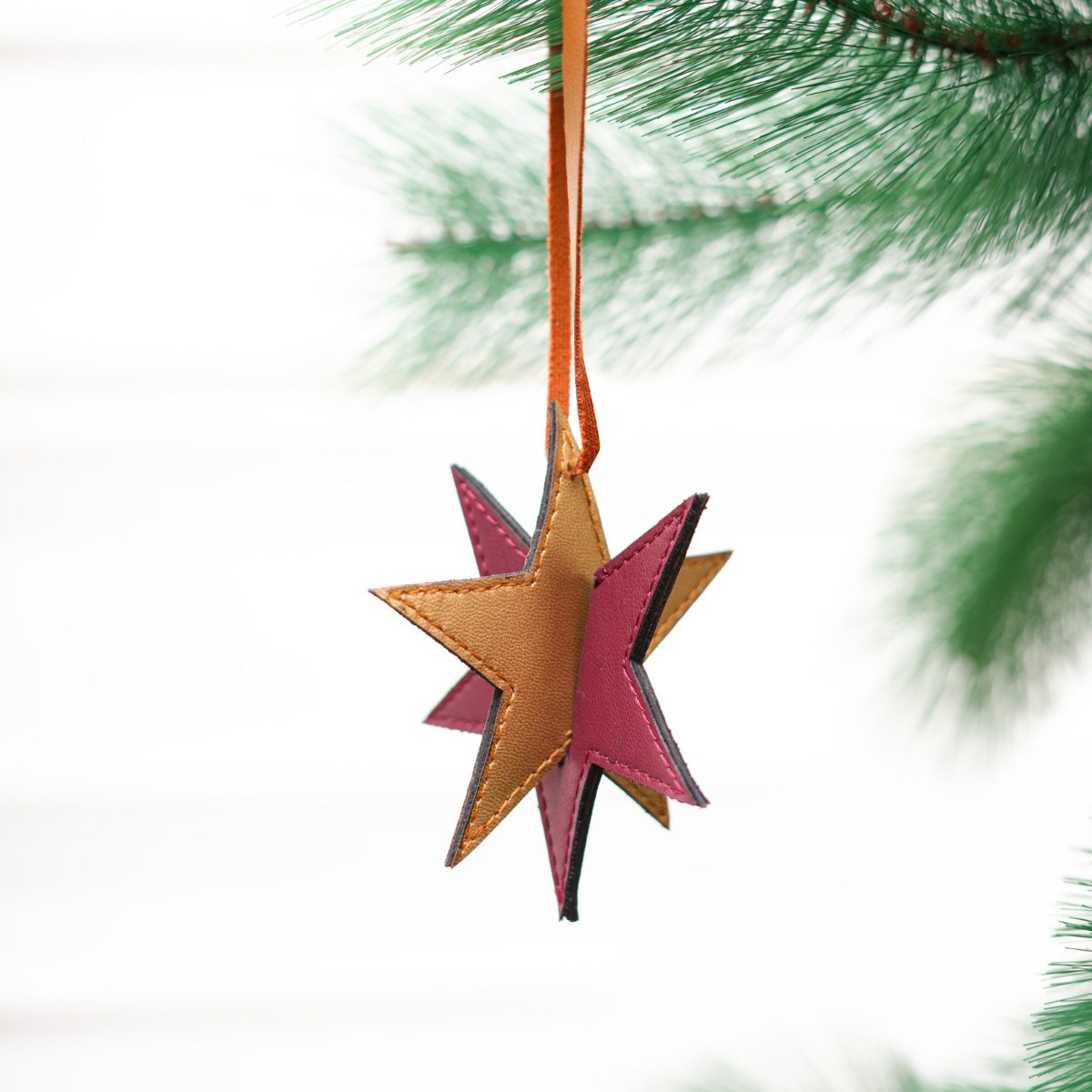 Vegan Leather Festive Decor Handcrafted Christmas Star (Orange)