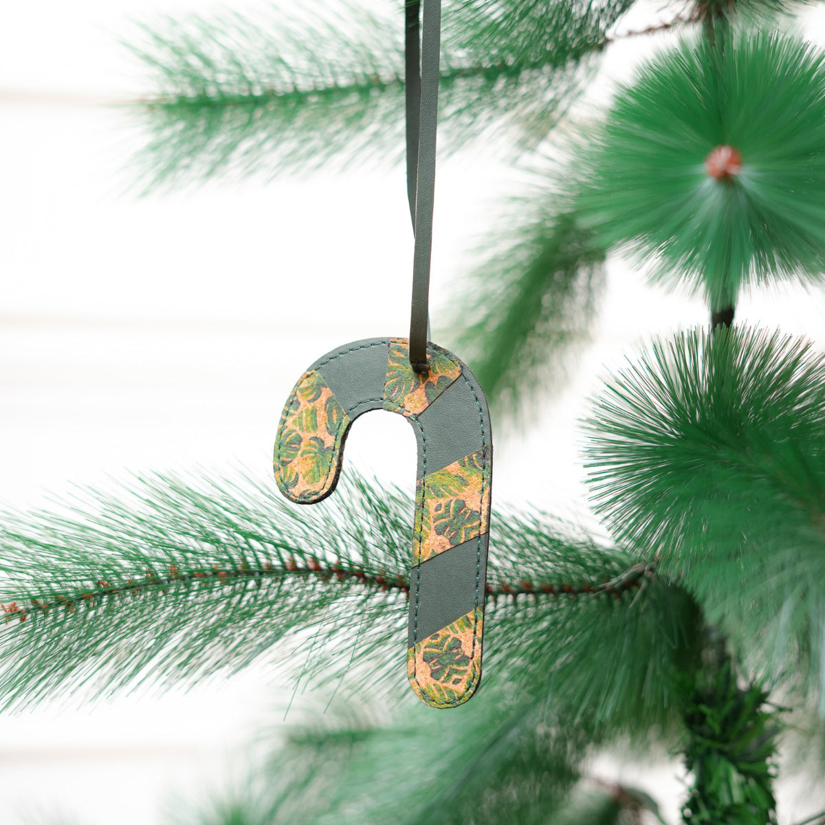 Vegan Leather Festive Decor Handcrafted Christmas Candy Cane (Green)