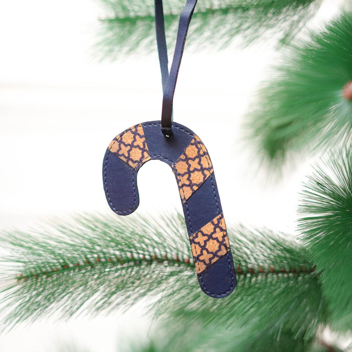 Vegan Leather Festive Decor Handcrafted Christmas Candy Cane (Blue)