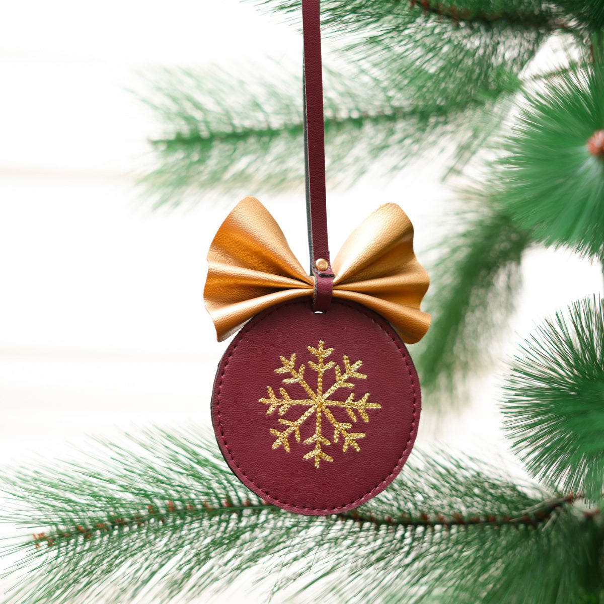 Vegan Leather Festive Decor Handcrafted Christmas Snowflake Bulb