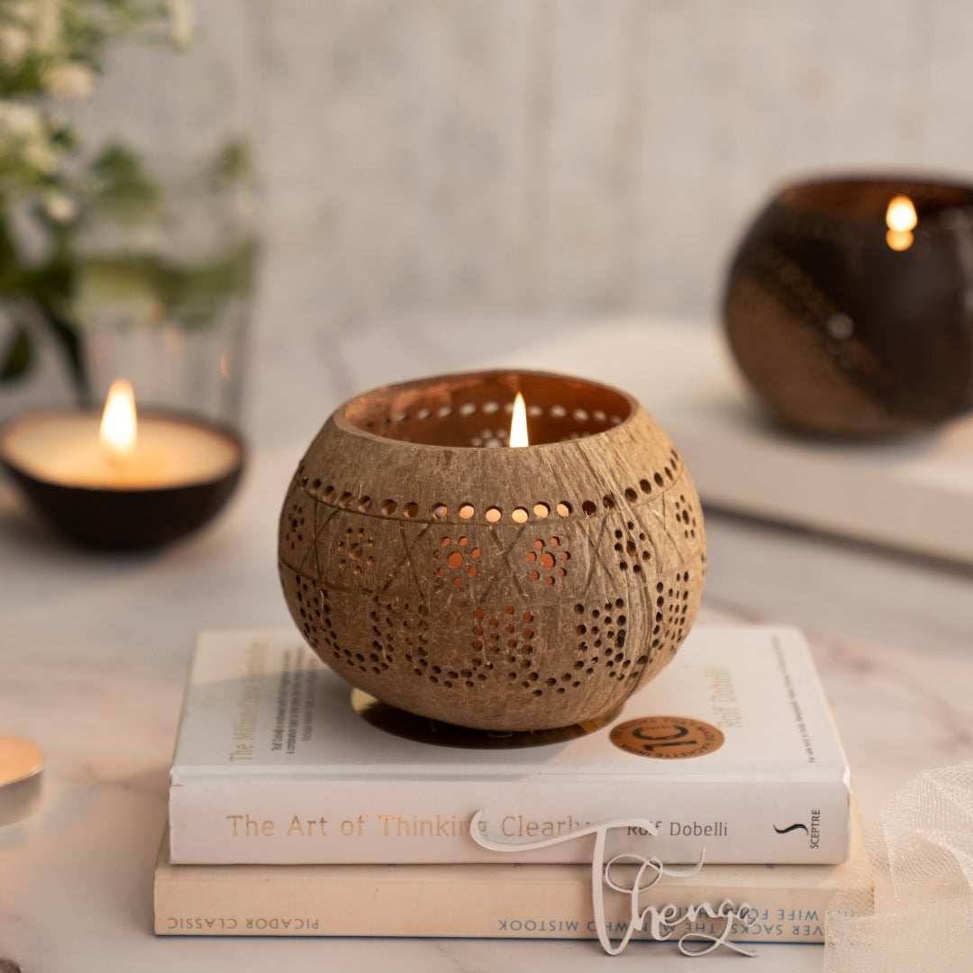 100% Natural Coconut Shell Candle Holder Lantern Tealight - Tropical