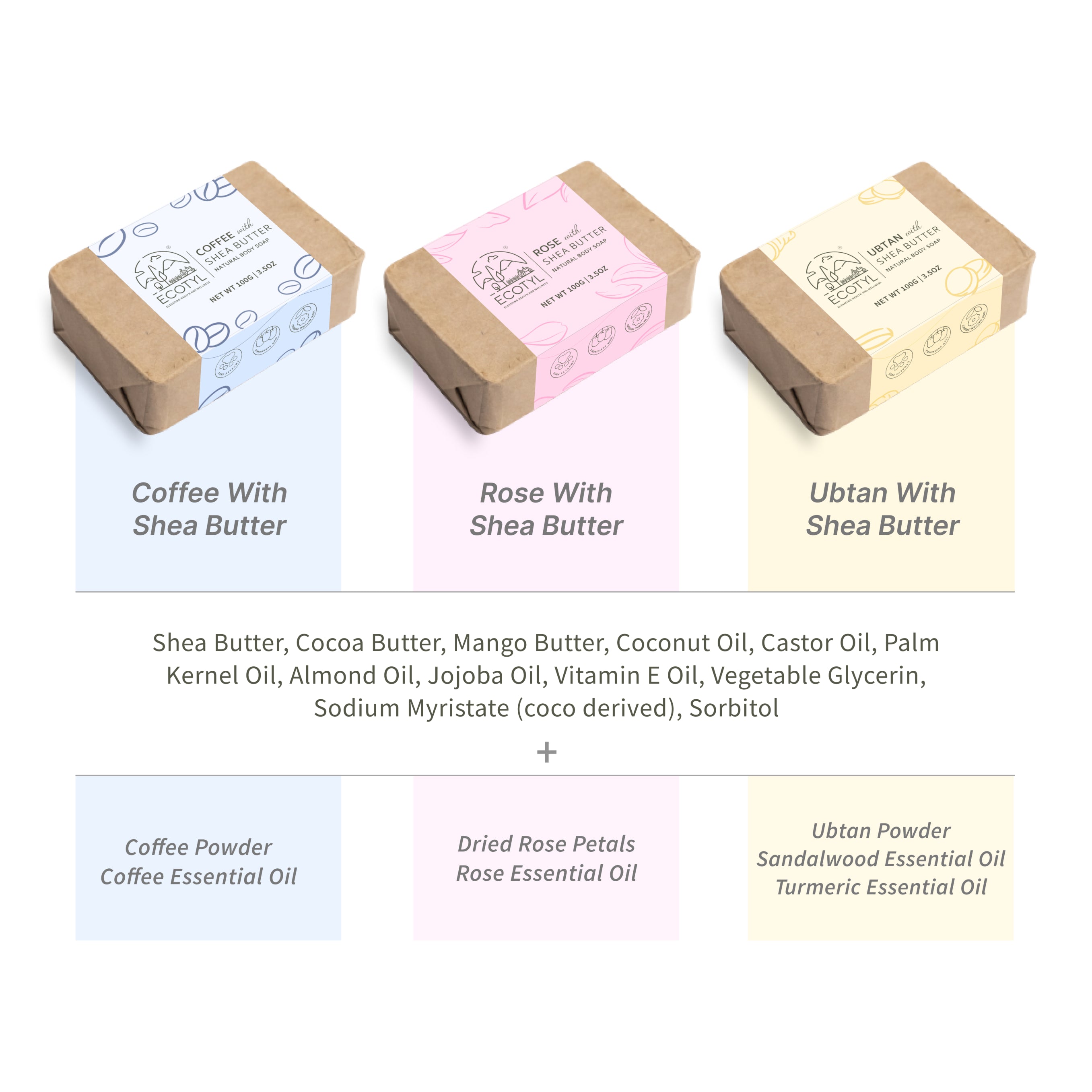 100% Natural Shea Butter Soaps Ubtan, Rose & Coffee Set of 3