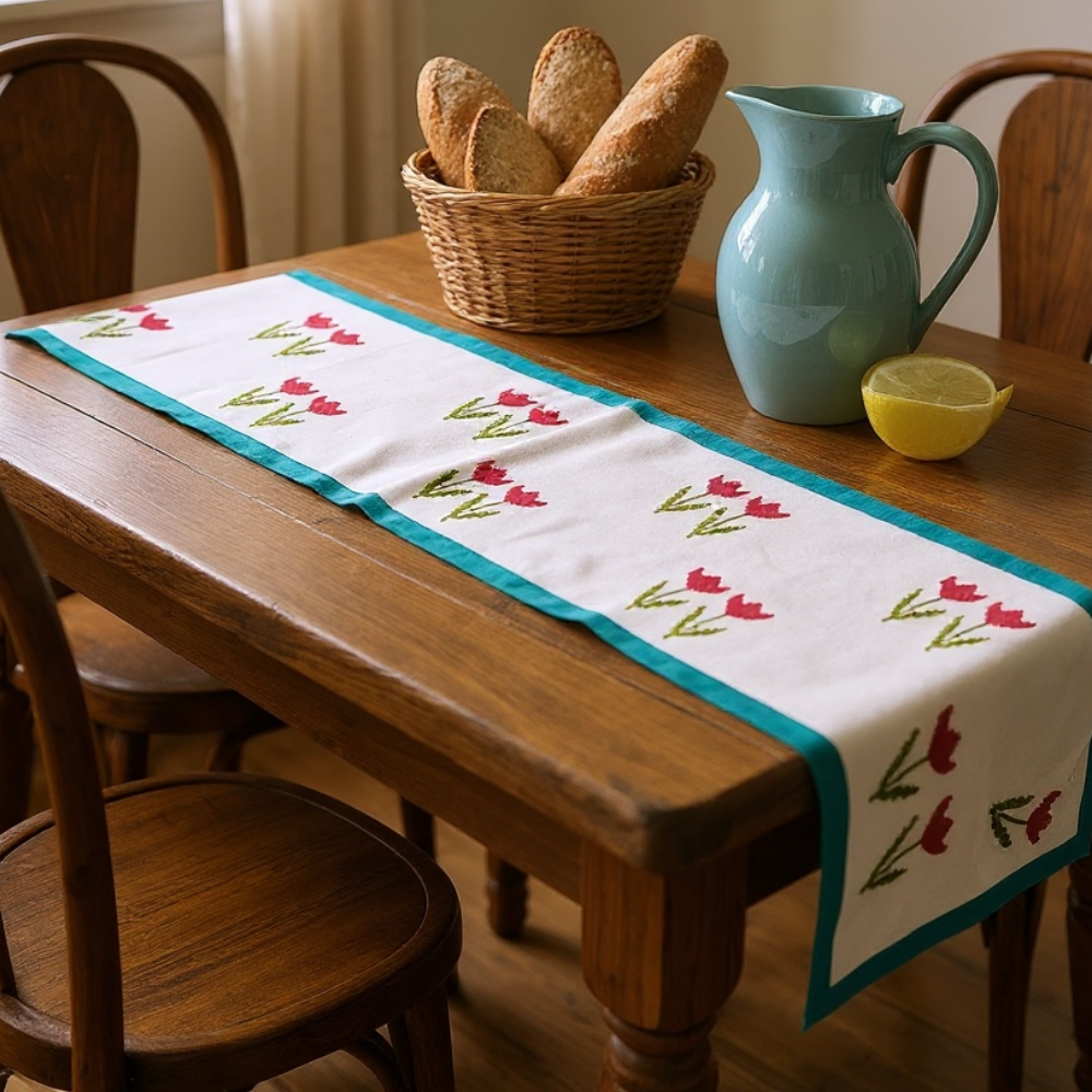 100% Handblocked Tulip Cotton Table Runner for 6 Seater Dining