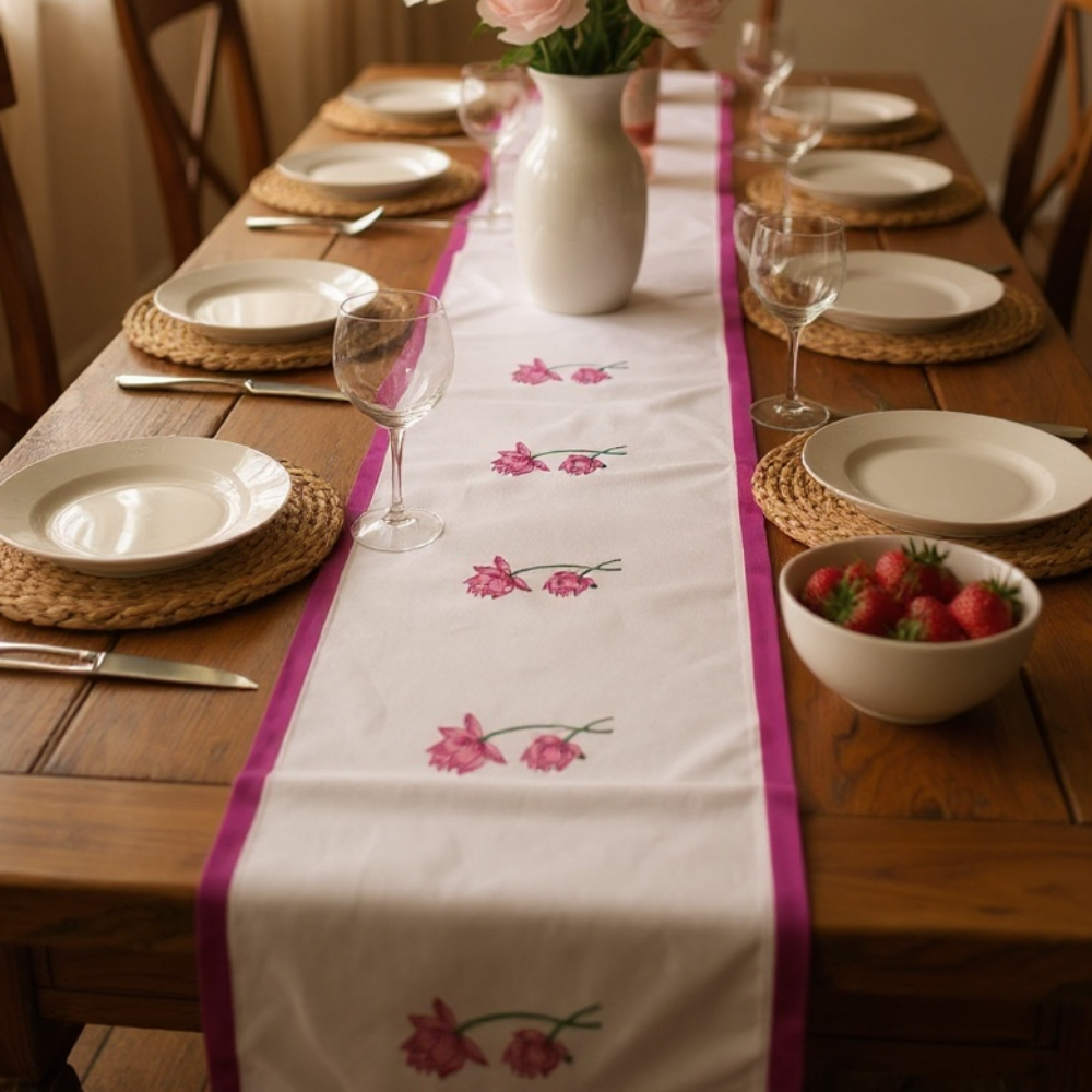 100% Cotton Handblocked Lotus 6 Seater Dining Table Runner