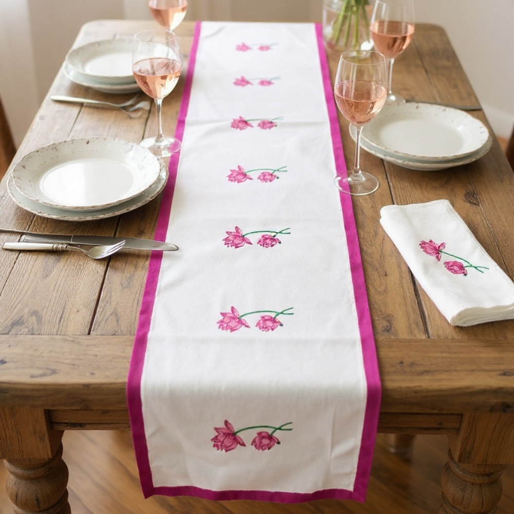 100% Cotton Handblocked Lotus 6 Seater Dining Table Runner