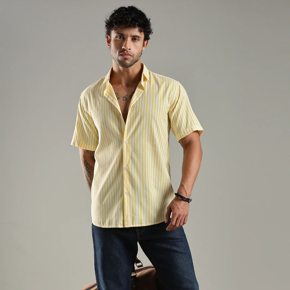 Yellow & White Cotton Classic Solaris Stripes Shirt