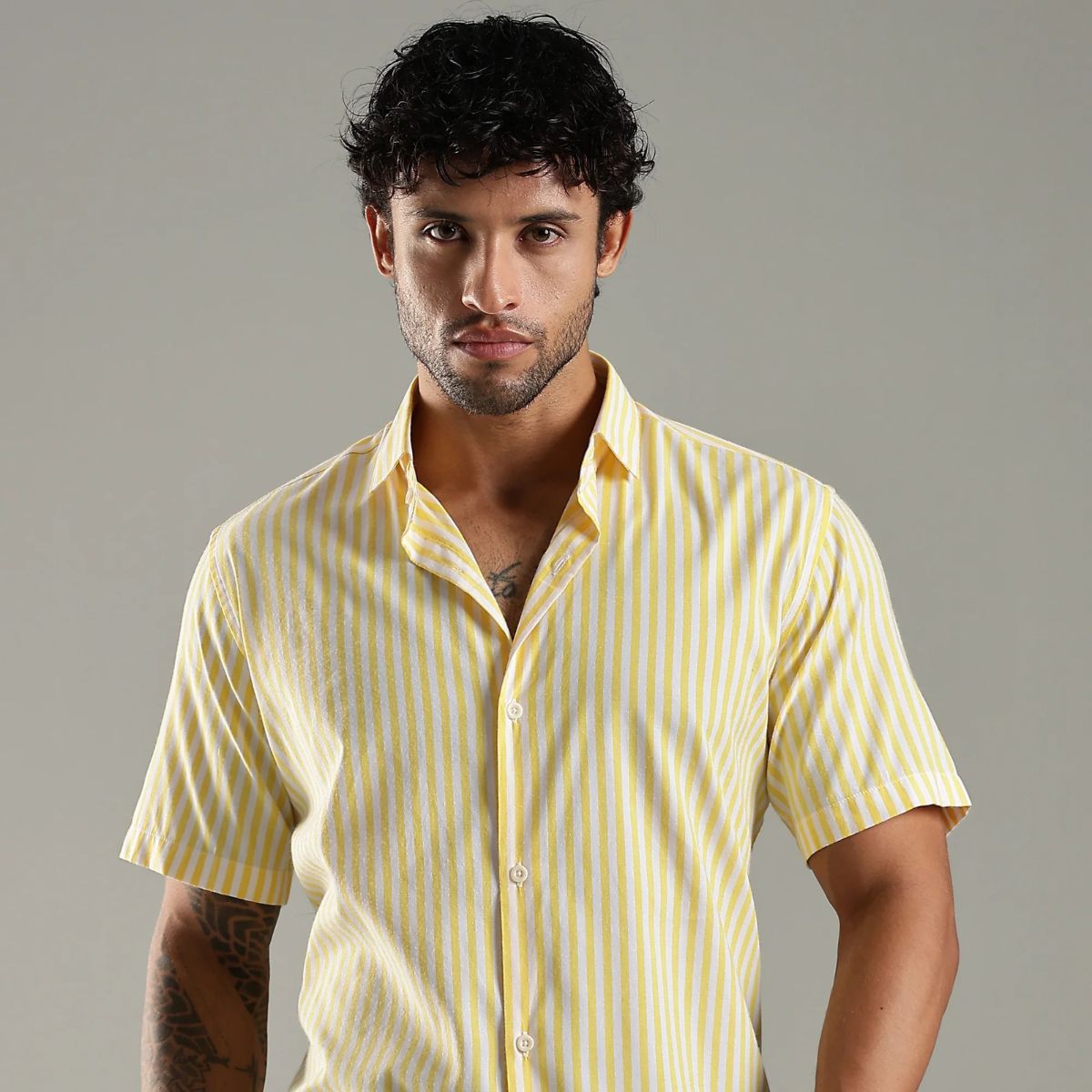 Yellow & White Cotton Classic Solaris Stripes Shirt