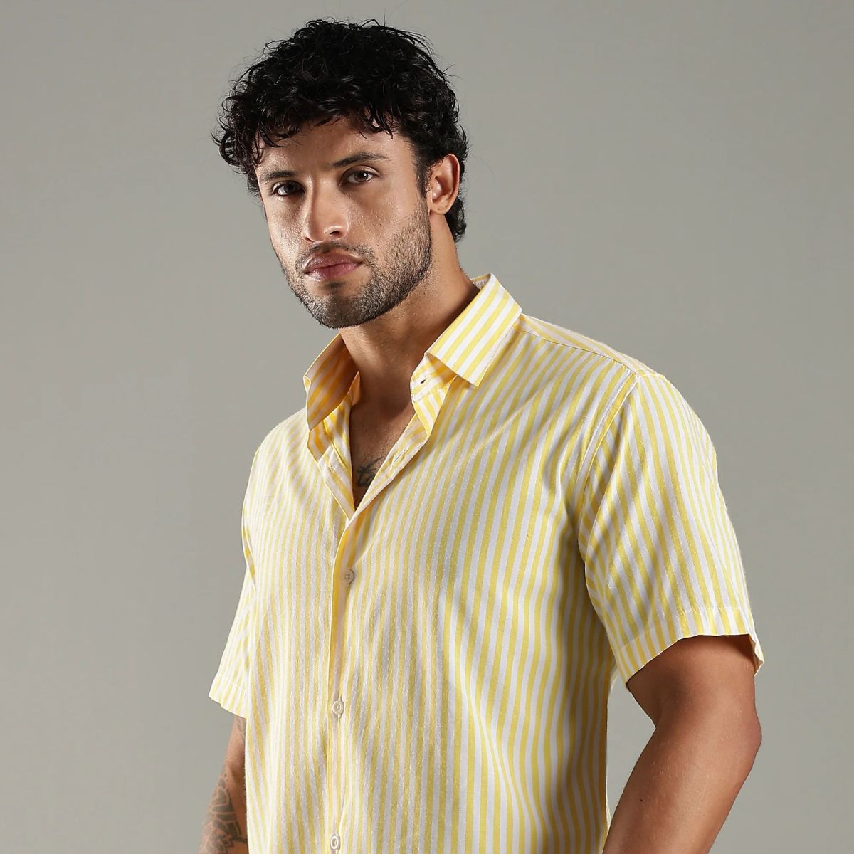 Yellow & White Cotton Classic Solaris Stripes Shirt