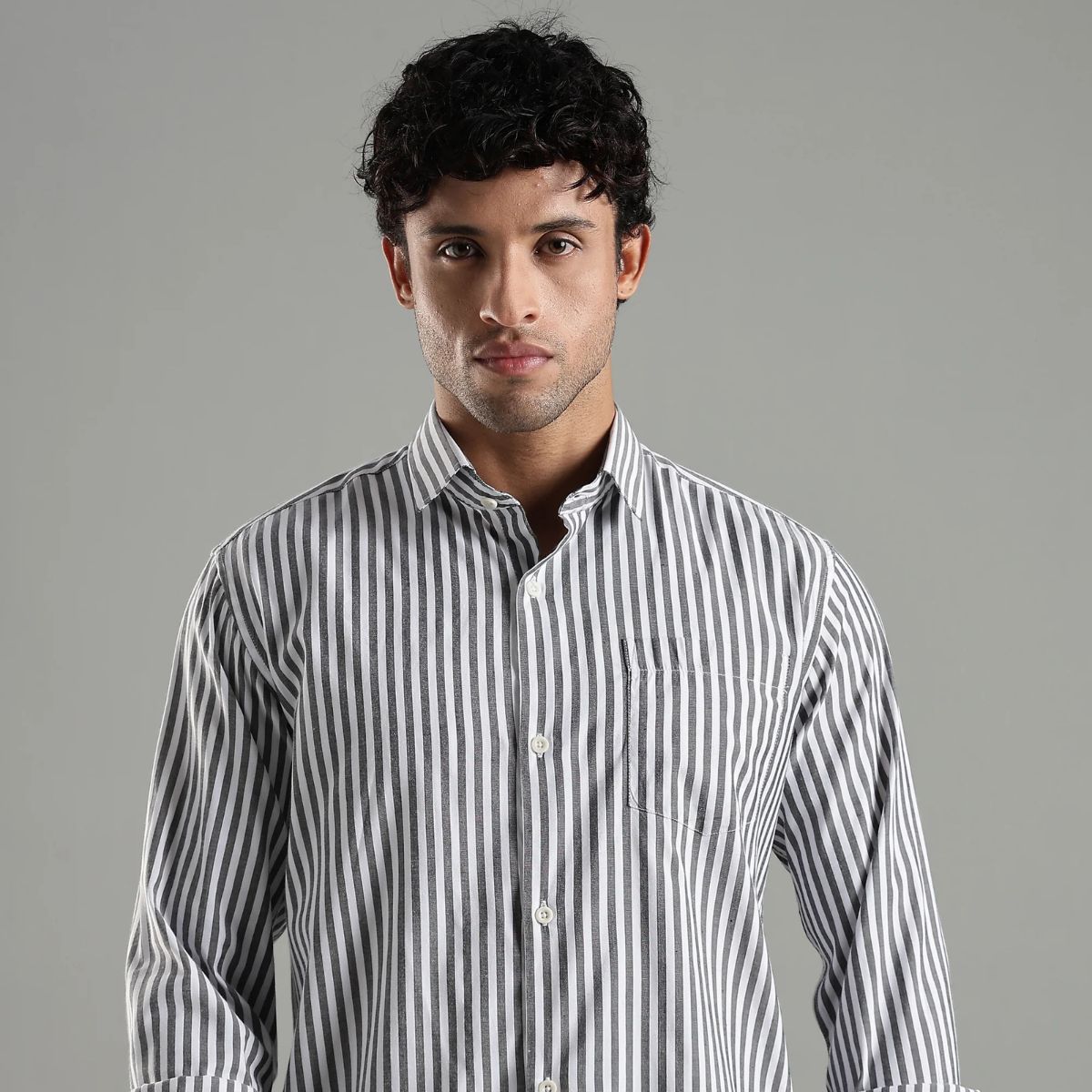 Minimalist Grey and White Cotton Shadow Stripes Shirt