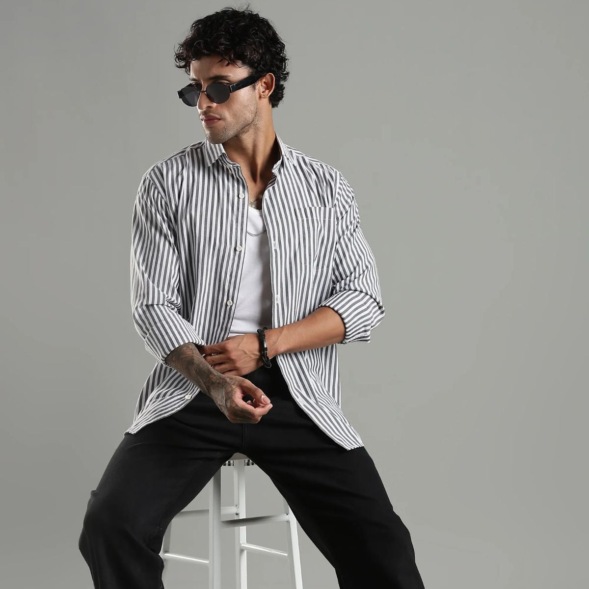 Minimalist Grey and White Cotton Shadow Stripes Shirt