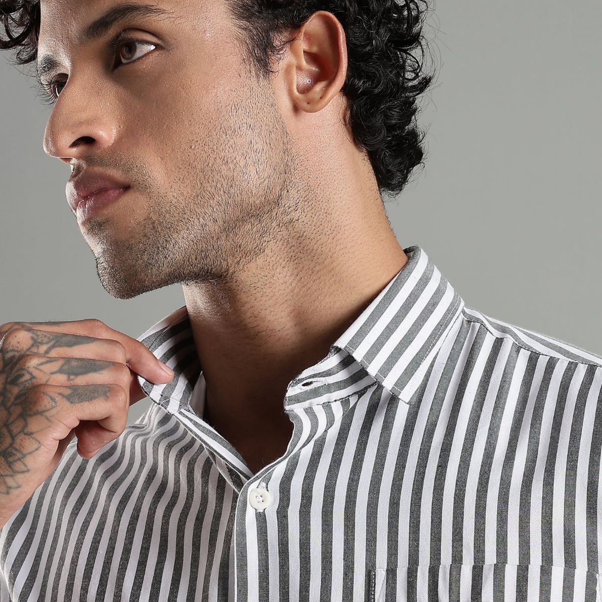 Minimalist Grey and White Cotton Shadow Stripes Shirt