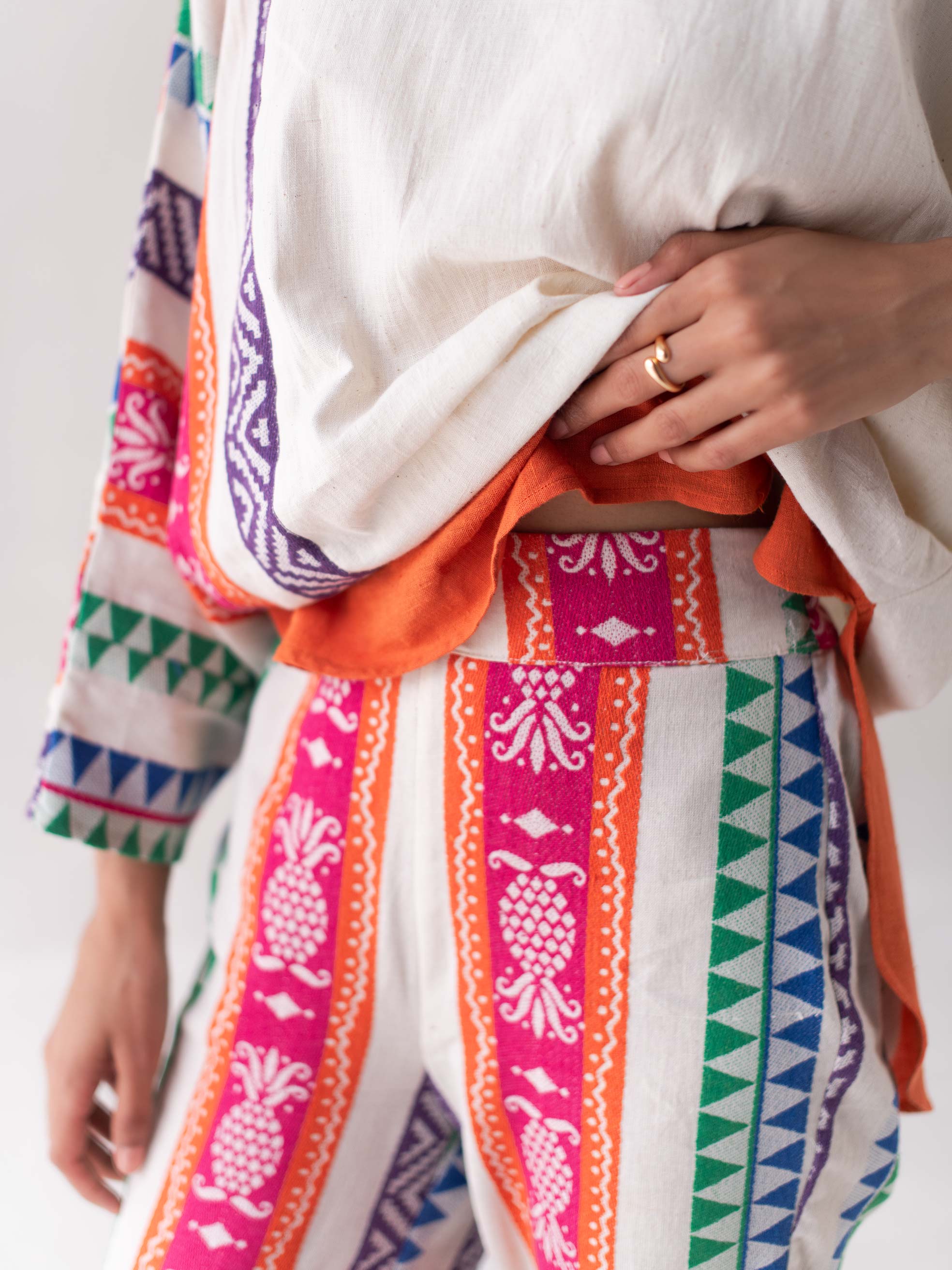 Multicolored Cotton Jacquard Scalloped Straight Pants for Women