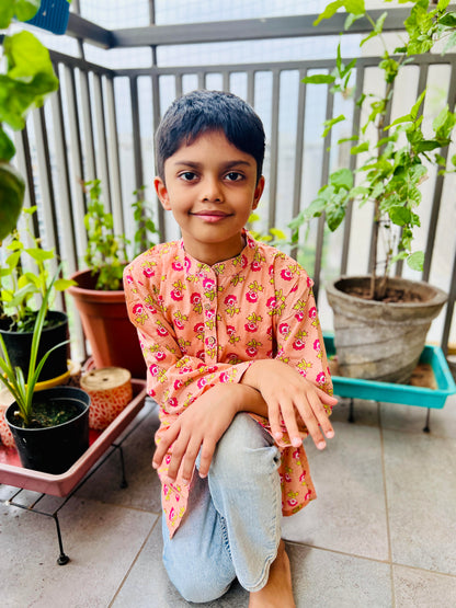 Pocket Full of Roses Kurta Set I Peach Printed Ethnic Cotton Kurta Set