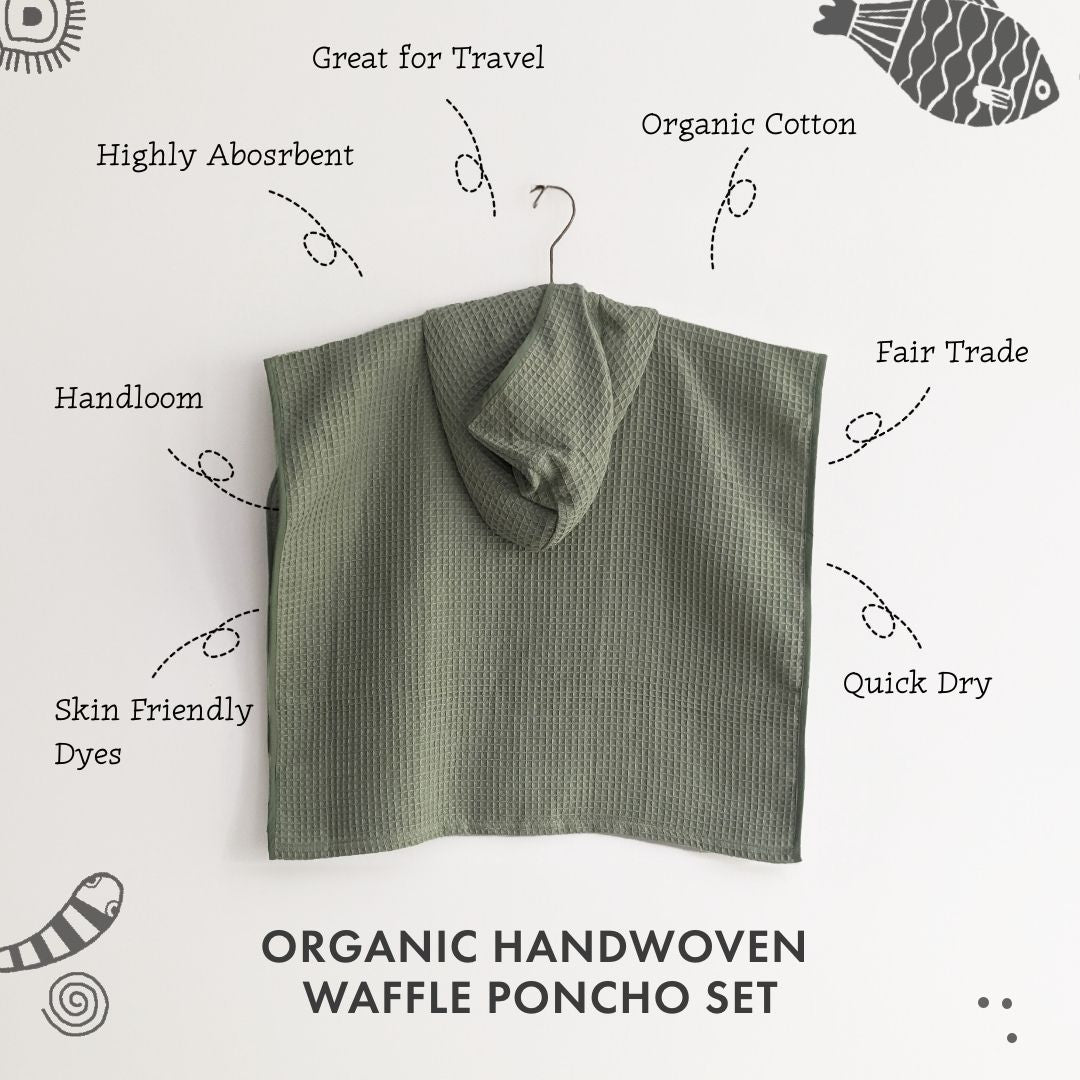 Kids Organic Cotton Waffle Hooded Poncho Towel Set