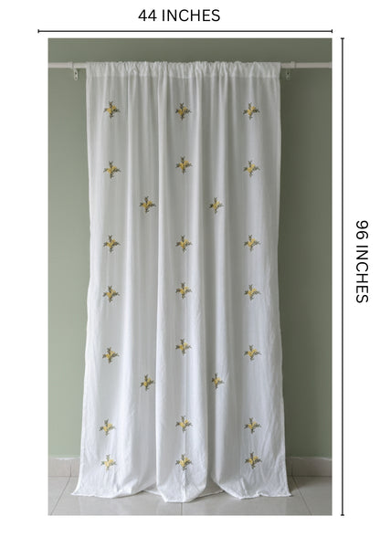 White Floral Bengal Hand Embroidery Semi Sheer Curtain
