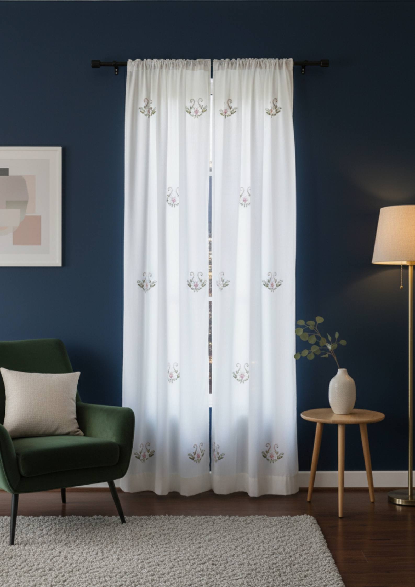 White Floral Bengal Hand Embroidery Semi Sheer Curtain