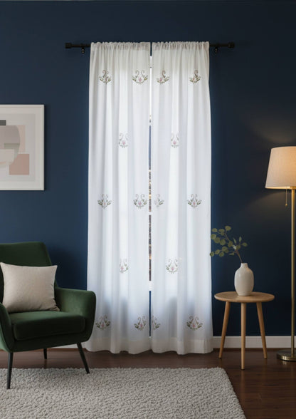 White Floral Bengal Hand Embroidery Semi Sheer Curtain