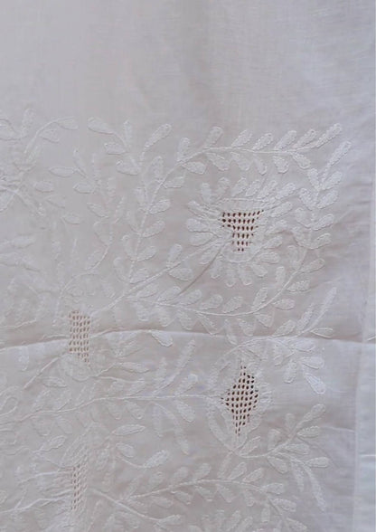 White Floral Bengal Hand Embroidery Semi Sheer Curtain