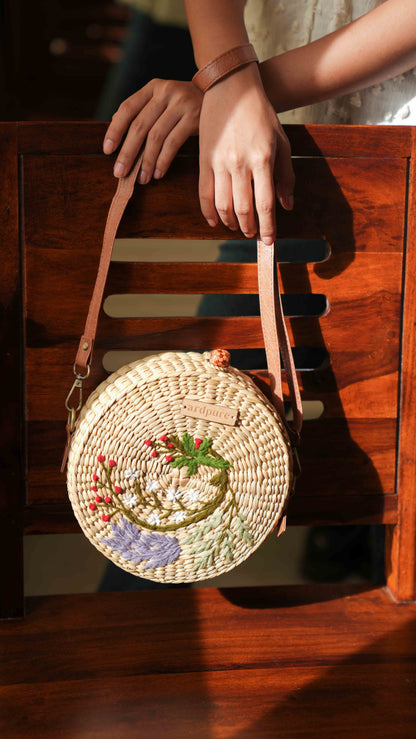 Boho Embroidered Kauna Sling Bag | Handcrafted Natural Fiber Bag