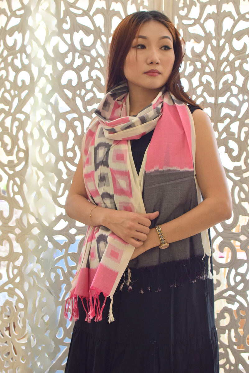 Pink Ikat Handwoven Stole | Artisan Woven Cotton Stole