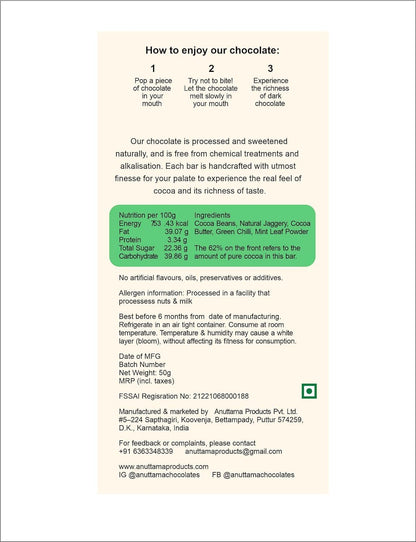 Hot Mint 62% Cocoa Dark Chocolate – Bold Cocoa with Mint Notes
