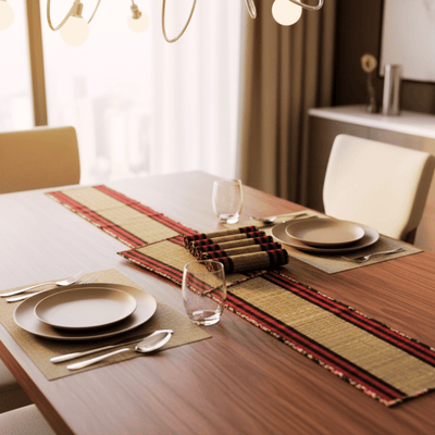 Bamboo Table Runner Floral Canvas Edge with Red Funde Decor