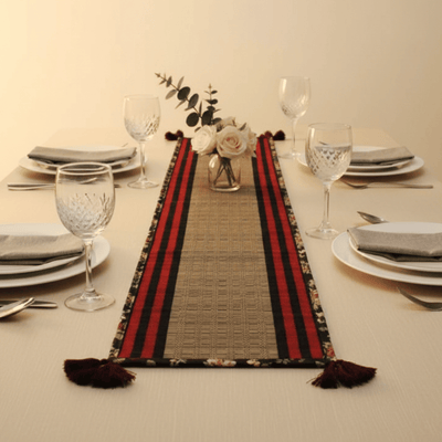 Bamboo Table Runner Floral Canvas Edge with Red Funde Decor
