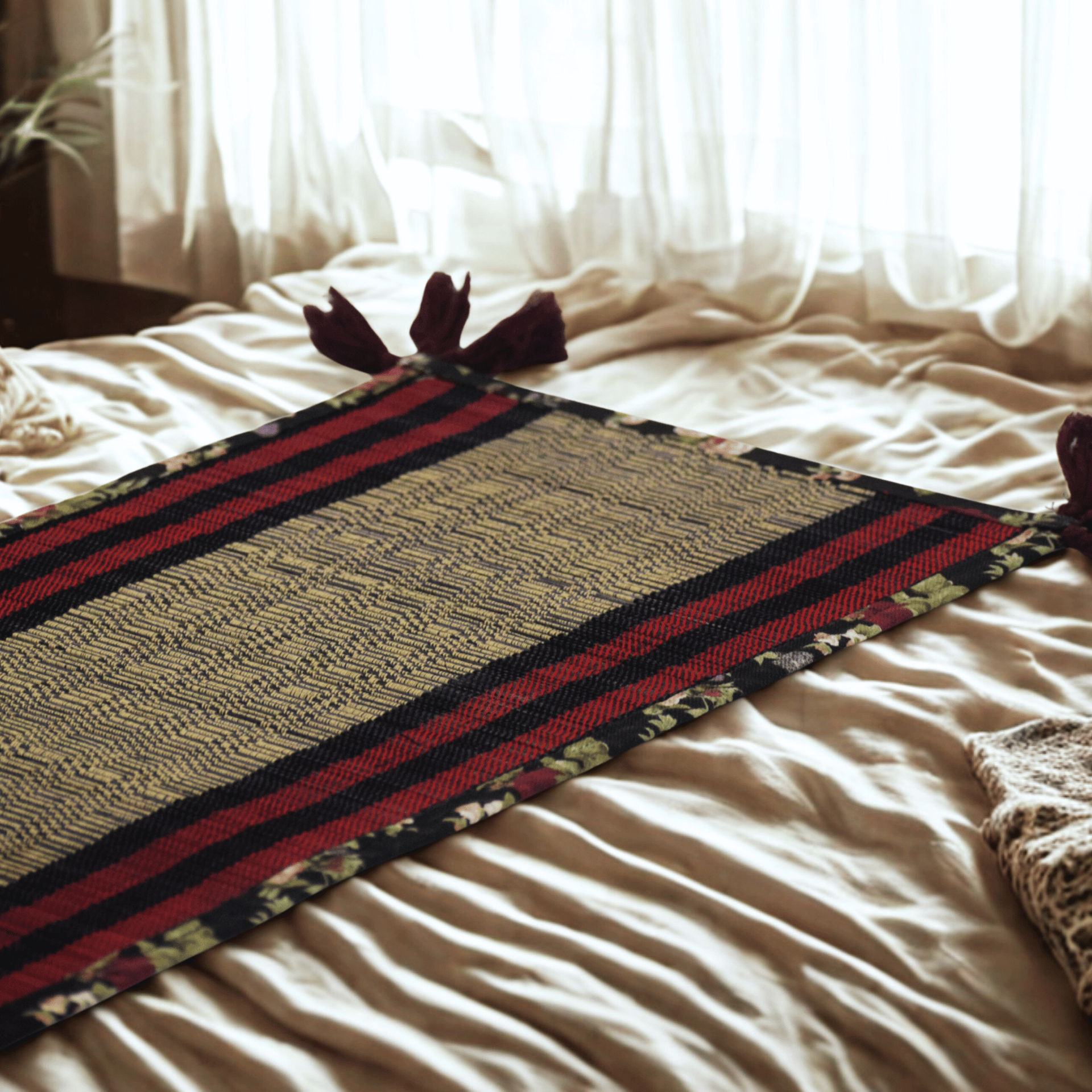 Bamboo Table Runner Floral Canvas Edge with Red Funde Decor
