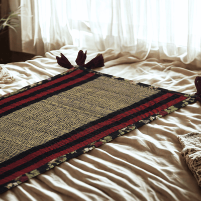 Bamboo Table Runner Floral Canvas Edge with Red Funde Decor