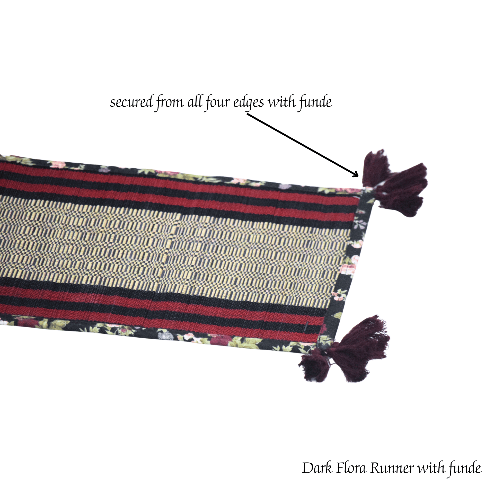 Bamboo Table Runner Floral Canvas Edge with Red Funde Decor