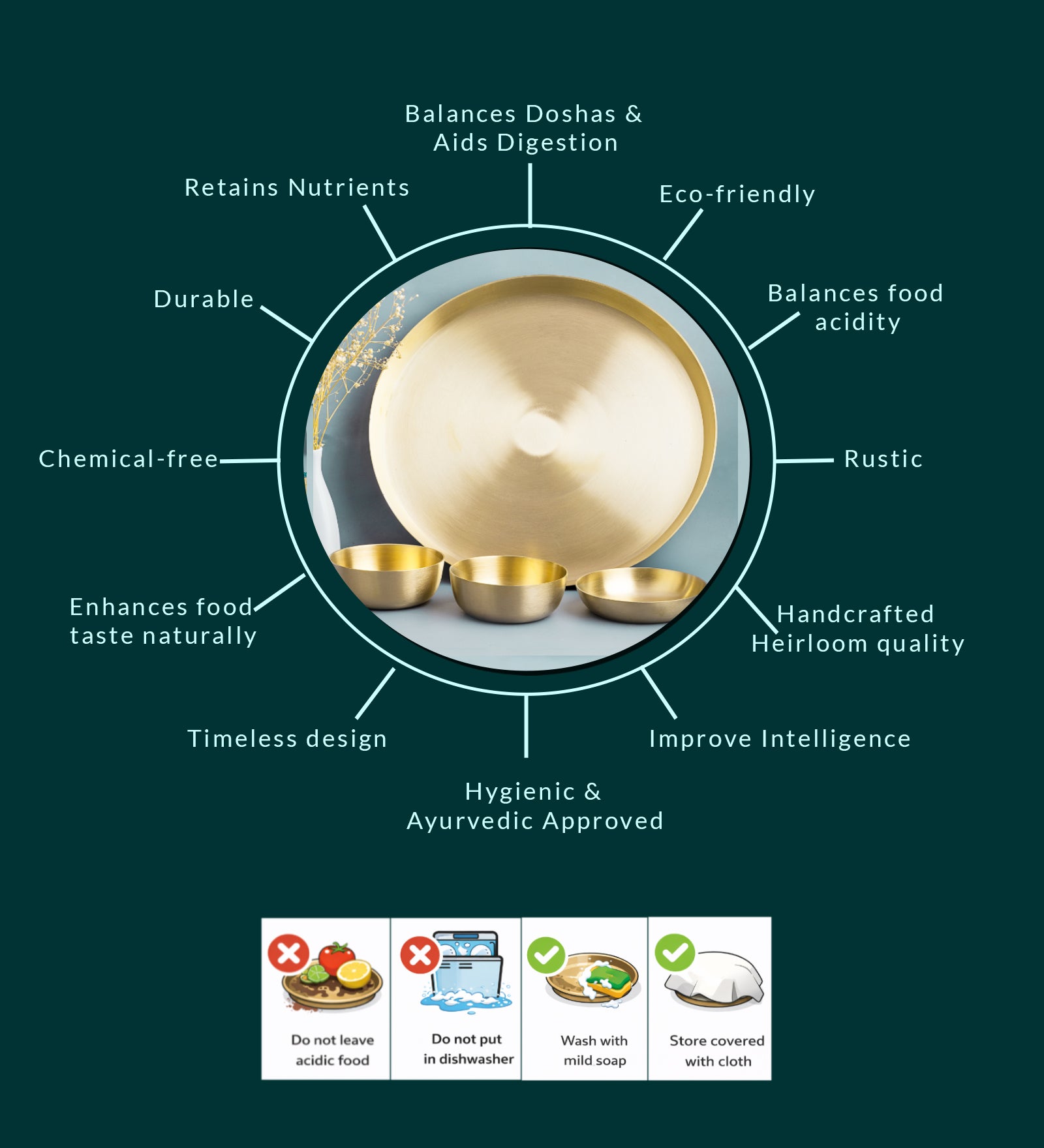 Matt Finish Handmade Bronze Thali Plate with 3 Katories/ Bowls