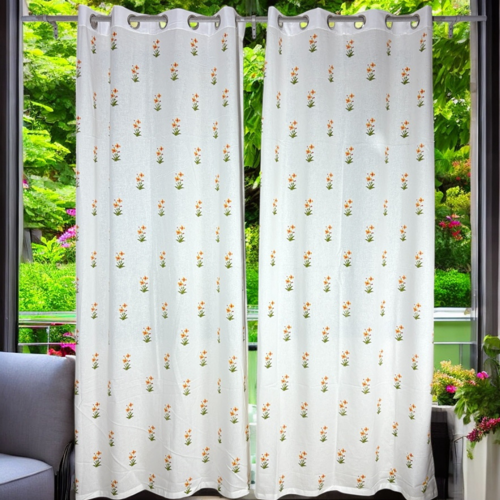 Cotton Door Curtains – 7 Ft – Set of 2 – Floral Design – Semi Sheer
