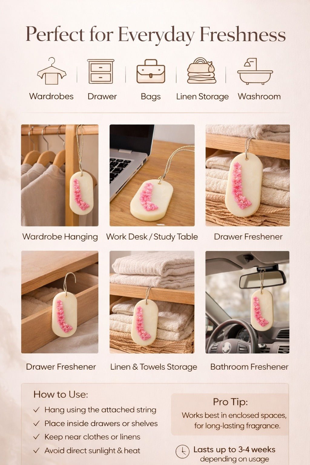 2 Beeswax Wax Wardrobe Fragrance Bars - Fasli Rose & Jasmine Blooms – Wax Sachets & Fragrance on Brown Living™. SKU: SN2589SN2590. Img 6.