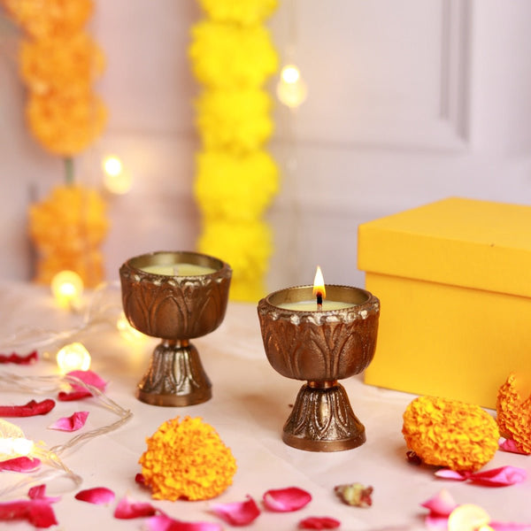 2 Cast Metal Antique Diya Parijat Beeswax Candle Lamp | Verified Sustainable Candles & Fragrances on Brown Living™