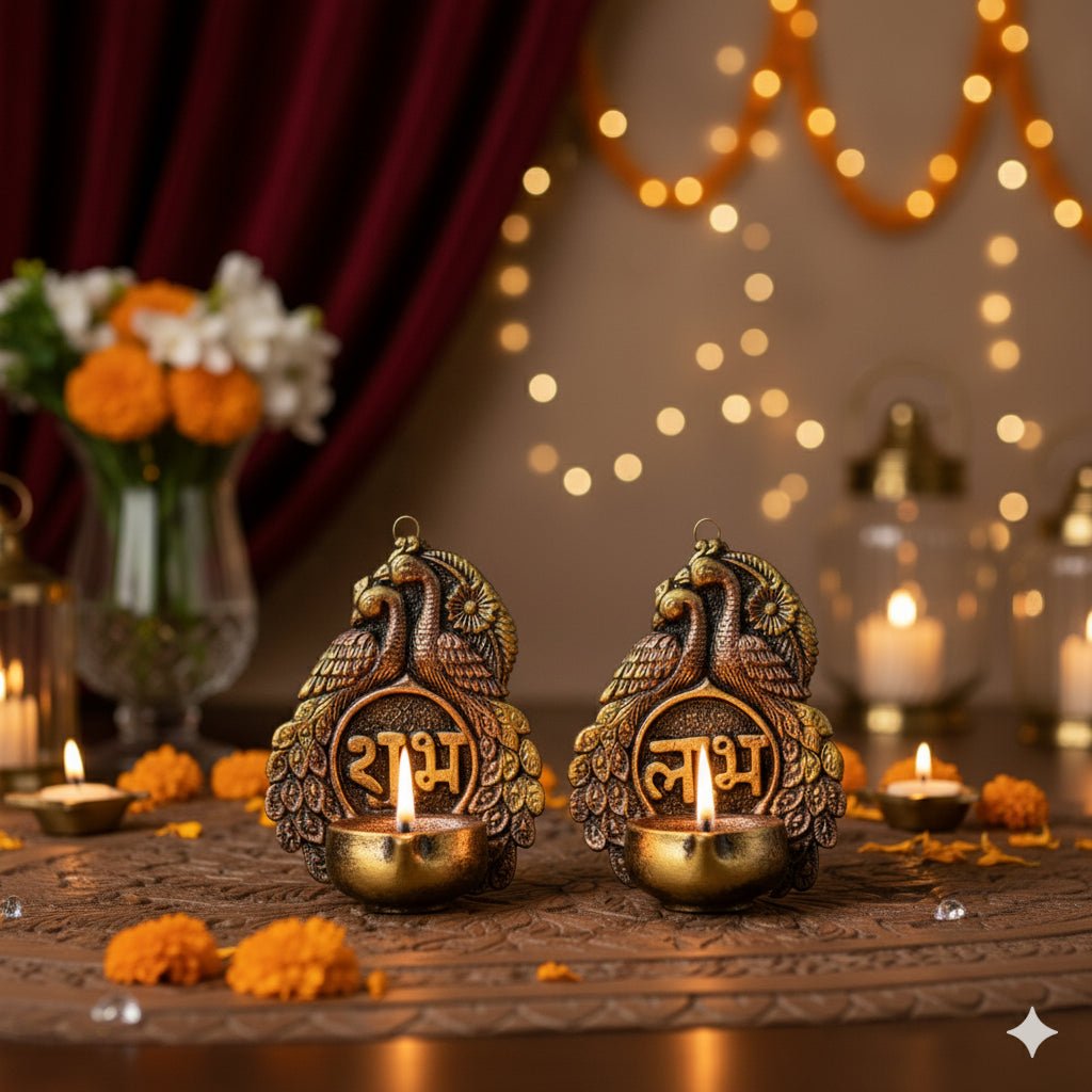 2 Peacock Hanging Diya Set - Diwali Decoration & Festival Lighting – Home Decor on Brown Living™. SKU: D51. Img 1.