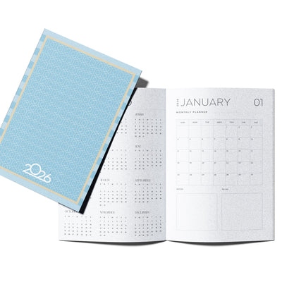 2026 Monthly Planner A4 – Student Desk Notebook | Light Blue Accents – Desk Accessories on Brown Living™. SKU: 07-CA07-Planner2. Img 1.