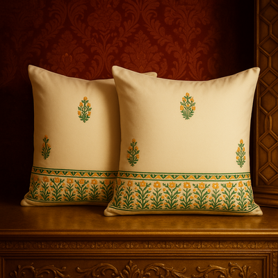 Cotton Handblock Cushion Covers Set of 2 – 24x24 – White & Durable