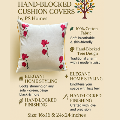 Lotus Handblock Cotton Cushion Covers with Zipper- Set of 4