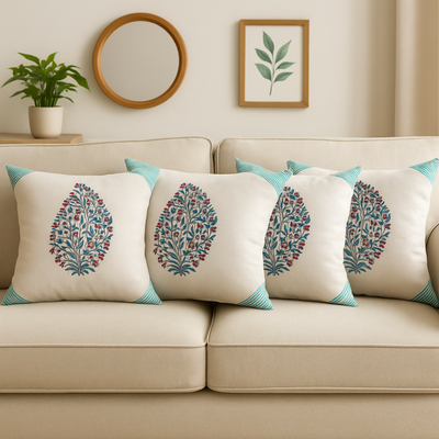 Handblock Motif Cotton Cushion Covers with Zipper - Set of 4