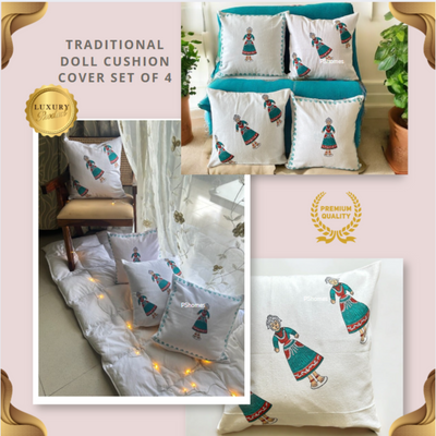 Cotton Cushion Cover - Traditional Doll Print - Set of 4