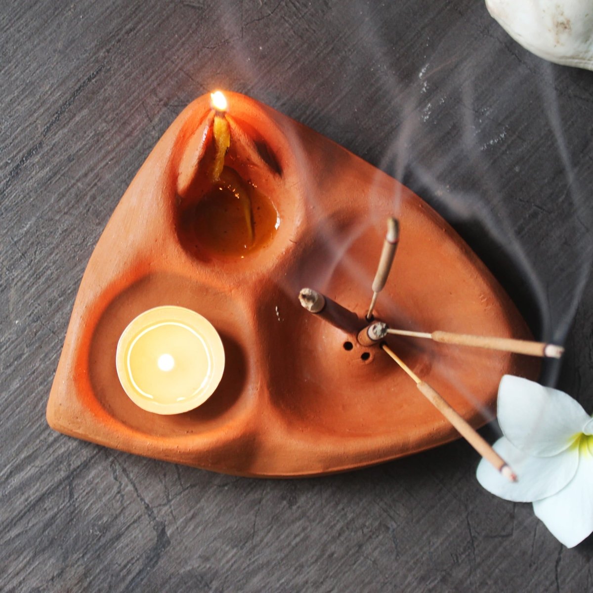 3 In 1 Puja Essential | Terracotta Plain Fire Angle + Complimentary Candles, Cotton Wicks & Agarbatti | Verified Sustainable by Brown Living™