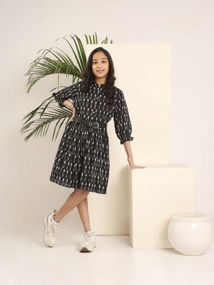 3/4 Sleeve Ikat Skater Dress | Handwoven Cotton Dress for Women – Kids Frocks & Dresses on Brown Living™. SKU: LB01-02-01BM. Img 2.