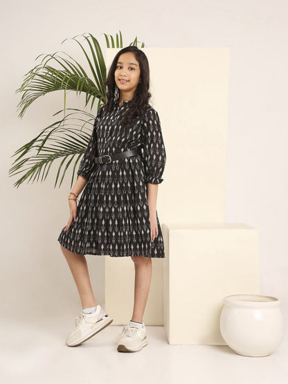 3/4 Sleeve Ikat Skater Dress | Handwoven Cotton Dress for Women – Kids Frocks & Dresses on Brown Living™. SKU: LB01-02-01BM. Img 1.