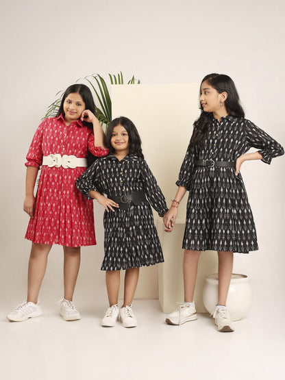 3/4 Sleeve Ikat Skater Dress | Handwoven Cotton Dress for Women – Kids Frocks & Dresses on Brown Living™. SKU: LB01-02-01BM. Img 3.