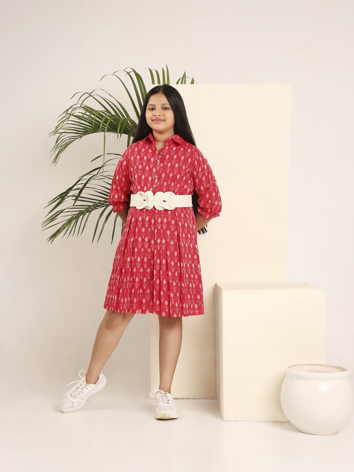 3/4 Sleeve Ikat Skater Dress | Handwoven Cotton Dress for Women – Kids Frocks & Dresses on Brown Living™. SKU: LB01-02-01M. Img 7.
