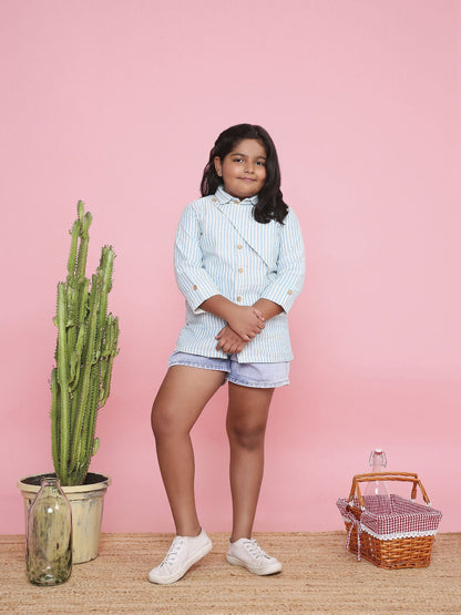 3/4 Sleeve Tailored Stripe Shirt for Girls | Comfortable Cotton Casual – Kids Shirts on Brown Living™. SKU: LB02-02-01BM. Img 1.