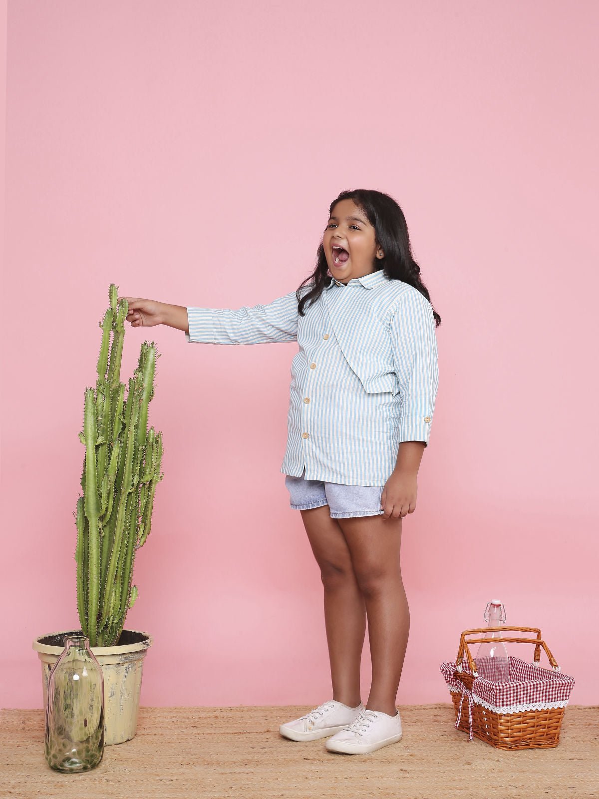 3/4 Sleeve Tailored Stripe Shirt for Girls | Comfortable Cotton Casual – Kids Shirts on Brown Living™. SKU: LB02-02-01BM. Img 2.