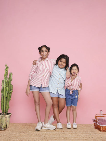 3/4 Sleeve Tailored Stripe Shirt for Girls | Comfortable Cotton Casual – Kids Shirts on Brown Living™. SKU: LB02-02-01BM. Img 4.